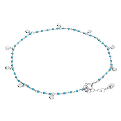 Turquoise Enamel Bead Chain Cubic Zirconia Rub-Over Charms 23-25cm Extender Anklet | Sterling Silver