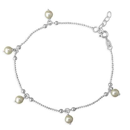 Simulated Pearl Drop Beads Anklet 22.5-25cm/8.5-10in | Sterling Silver